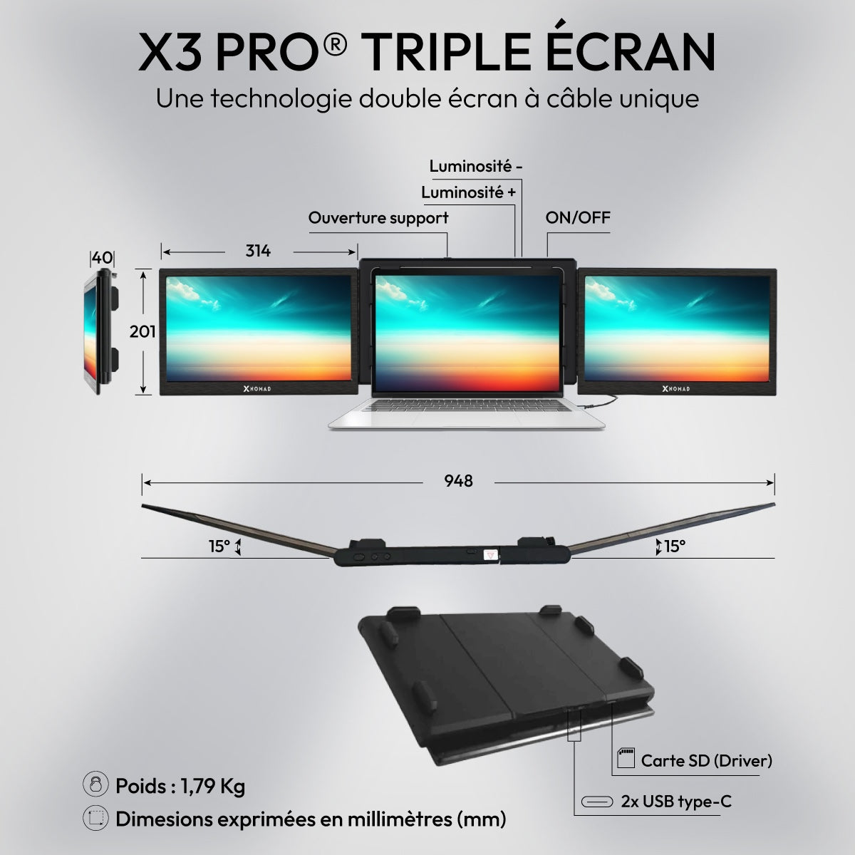 X3 Pro® Tragbarer Doppelbildschirm 13,3" – Komfort & Produktivität